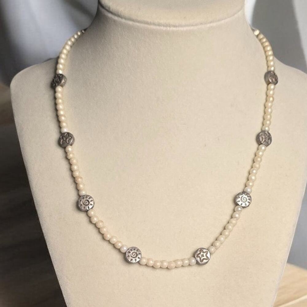 Pearl Beaded Silver Medallion Necklace Coastal Elegance Old World Romance